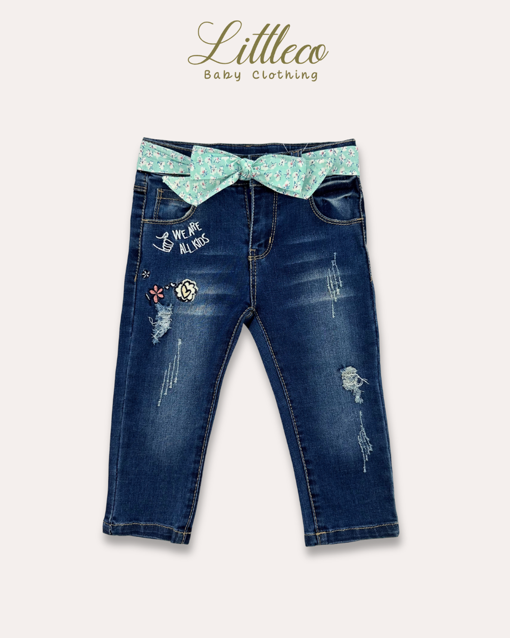LittleCo Girls’ Distressed Denim with Embroidery & Bow