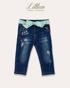 LittleCo Girls’ Distressed Denim with Embroidery & Bow