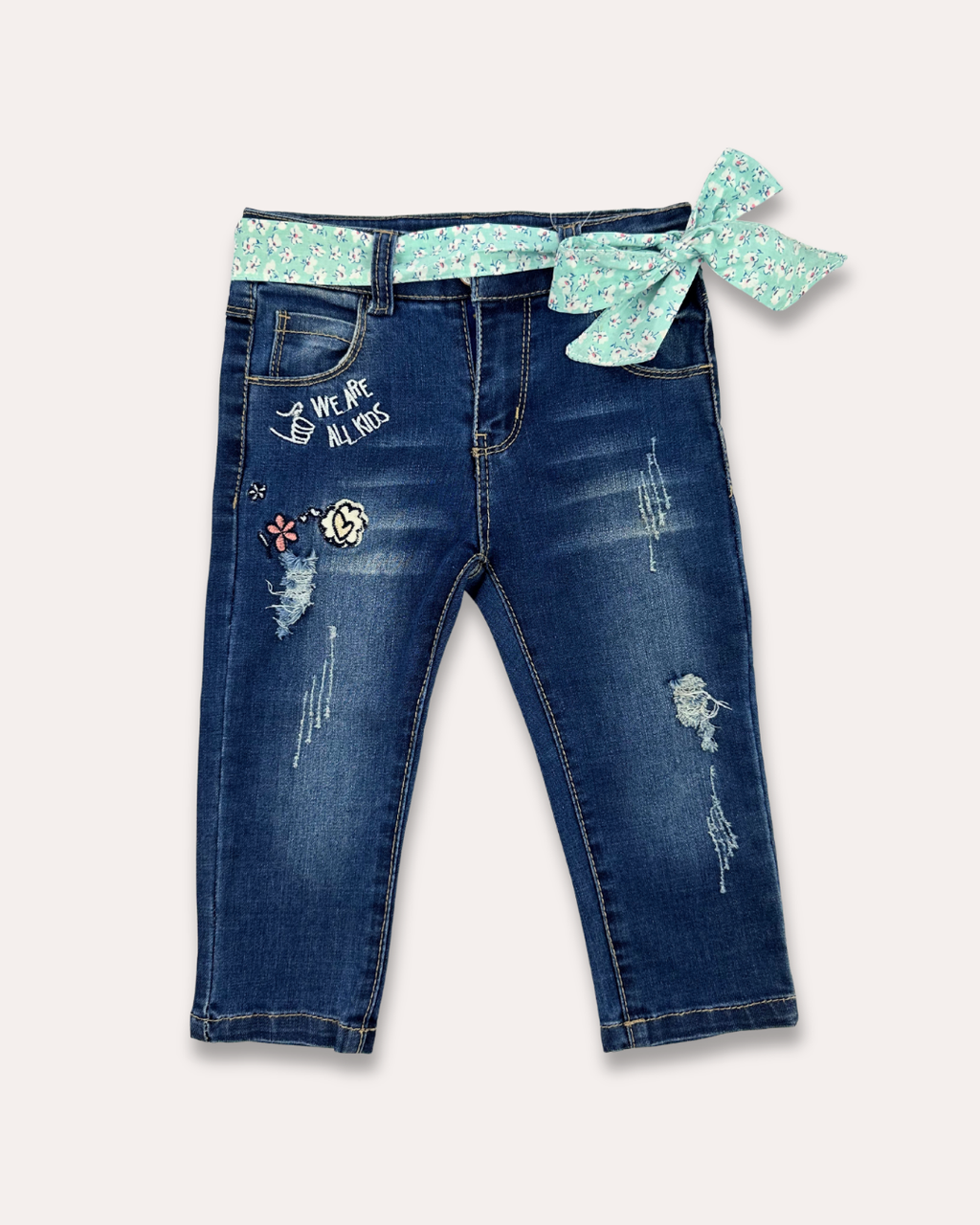 LittleCo Girls’ Distressed Denim with Embroidery & Bow