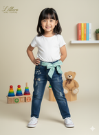 LittleCo Girls’ Distressed Denim with Embroidery & Bow