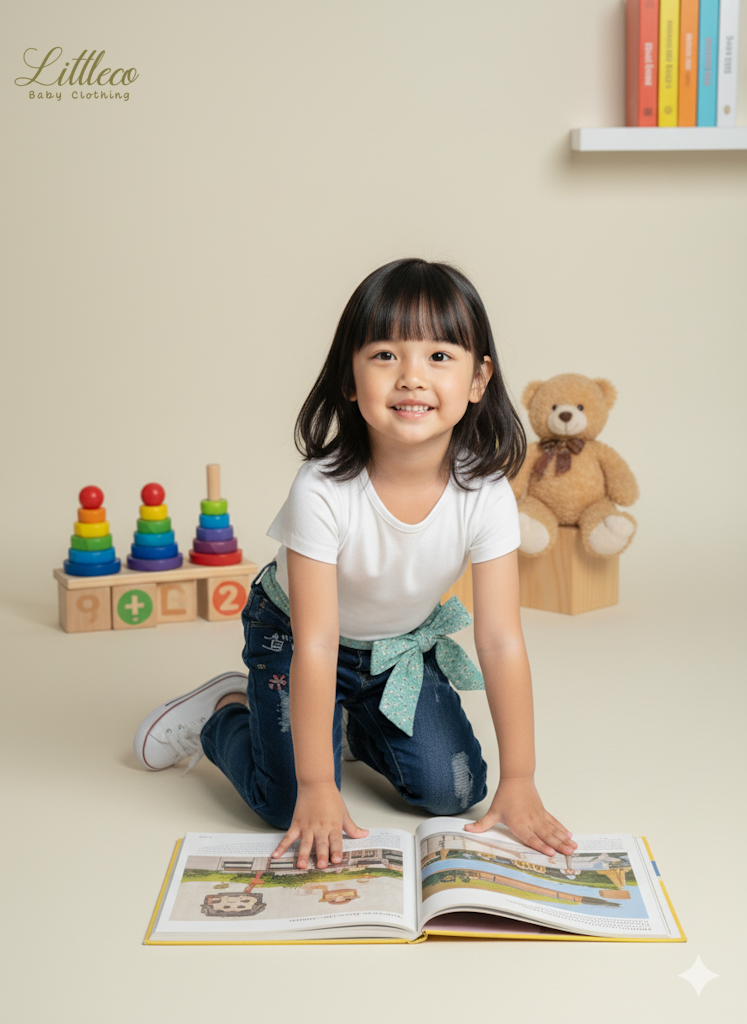 LittleCo Girls’ Distressed Denim with Embroidery & Bow